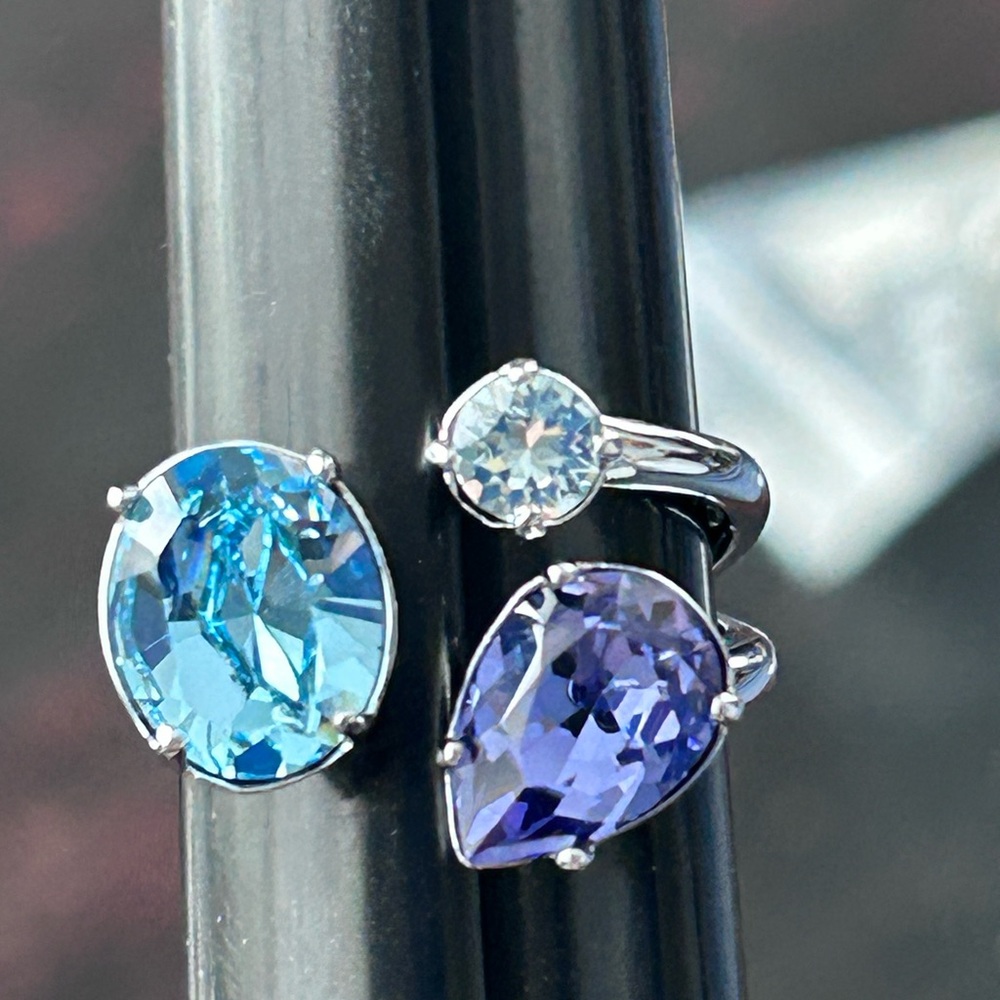 Elegant Blue and Purple crystals Ring stainless steel size shown. Size 7.5